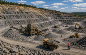 Quarry with multiple terraced gray rock benches carved into the surrounding hillside. A gravel processing plant with conveyor belts sits among several large piles of crushed stone. Heavy equipment, including a dump truck, excavator, and wheel loader, operates throughout the quarry on winding dirt haul roads.  Forest visible at edge of quarry beneath blue sky with white clouds.