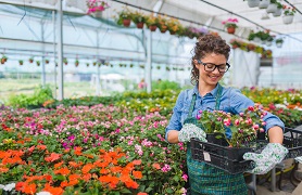 woman holding flowers in greenhouse