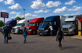 5 semitrucks of various colors parked in a row at a truck stop. Several people walking, 1 person leans against a truck and another looks beneath the hood. A red &ldquo;TRUCK STOP&rdquo; sign appears on the left.