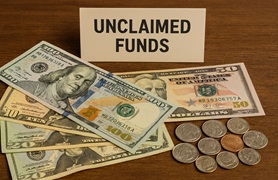 US currency with unclaimed funds sign
