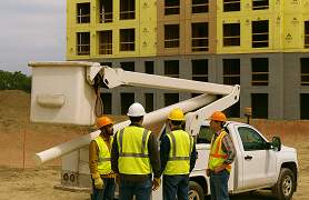 Construction workers around an aerial lift