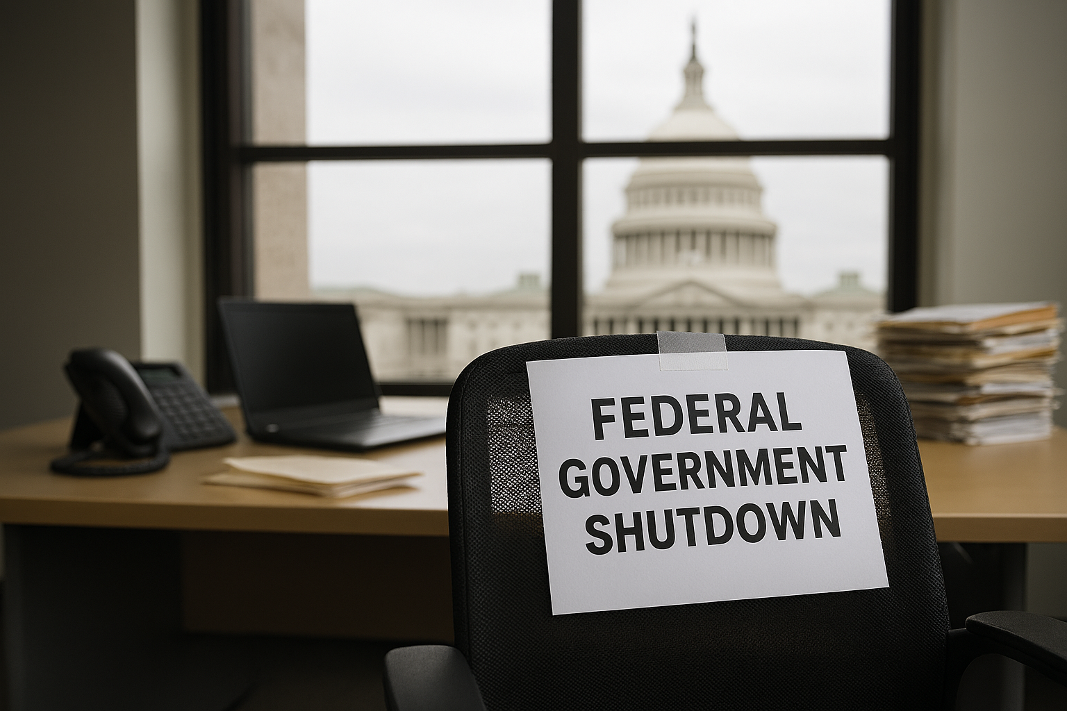 Chair with shutdown sign on office overlooking capitol building